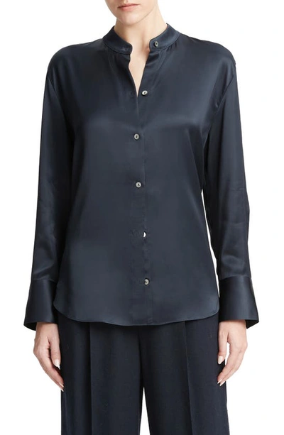 Vince Band Collar Satin Button-up Shirt In Coastal