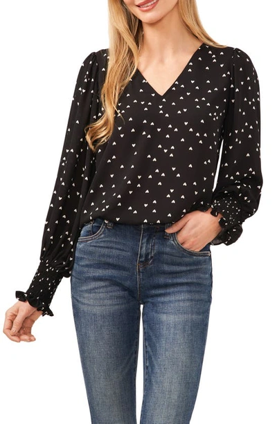 Cece Heart Print Smocked Cuff V-neck Top In Rich Black