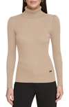 Dkny Puff Sleeve Rib Turtleneck Sweater In Pebble