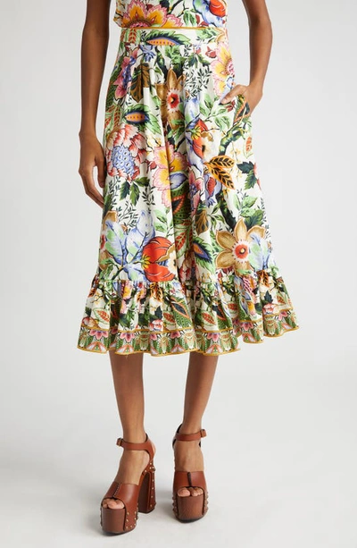 Etro Bouquet Pleated Tiered Cotton Poplin Midi Skirt In Biege/multi Floral