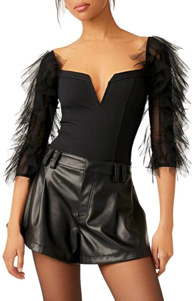 Free People Show Me Love Tulle Sleeve Bodysuit In Black