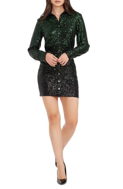 Dress The Population Trista Long Sleeve Sequin Cocktail Dress In Green