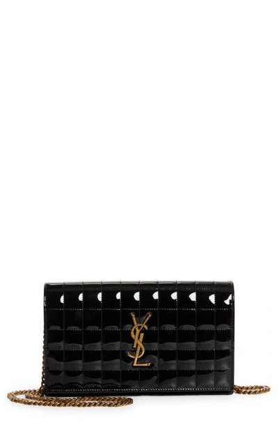 Saint Laurent Cassandre Quilted Patent Leather Envelope Wallet On A Chain In Nero