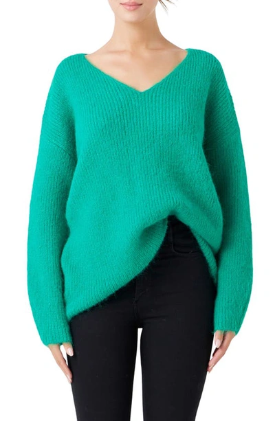 Endless Rose Fuzzy V-neck Rib Sweater In Green