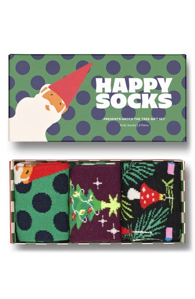 Happy Socks Kids' Assorted 3-pack Holiday Crew Socks Gift Box In Green