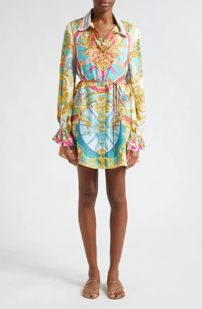 Camilla Sail Away With Me Crochet Collar Long Sleeve Silk Shirtdress In Blue