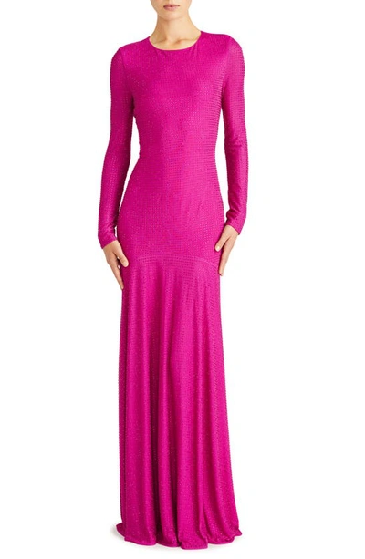 ml Monique Lhuillier Diana Rhinestone Long Sleeve Trumpet Gown In Berry