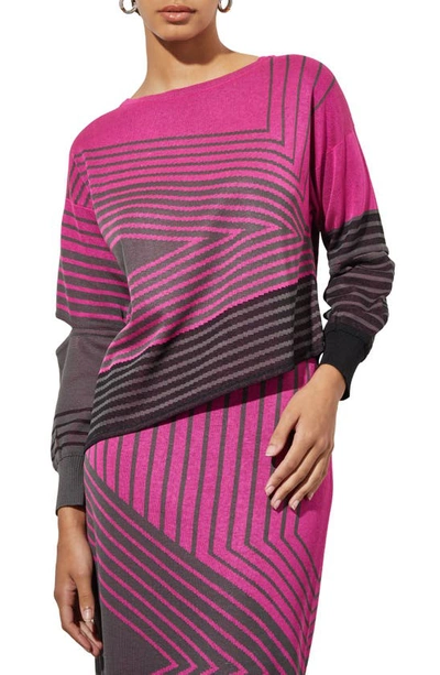 Ming Wang Stripe Asymmetric Split Sleeve Sweater In Mulberry/ Grey/ Black