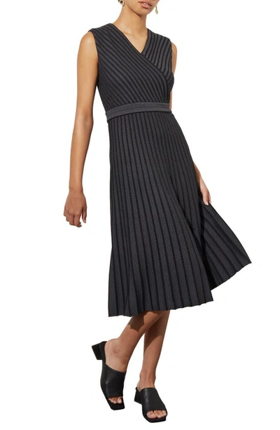 Ming Wang Stripe Sleeveless Midi Jumper Dress In Blk/ Granite