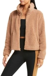 Beyond Yoga Faux Fur Zip Jacket In Camel