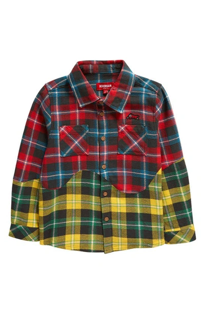 Icecream Kids' Spill Plaid Button-up Shirt In Red/ Yellow Plaid