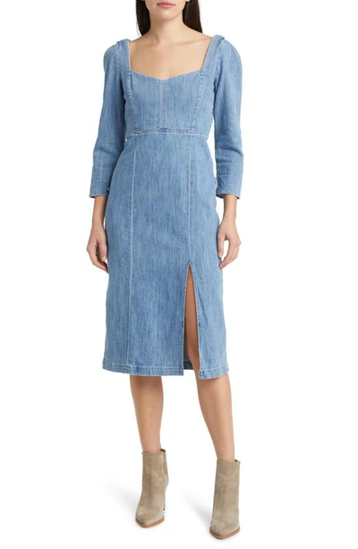 Le Jean Tallulah Long Sleeve Denim Midi Dress In Dusty Blue