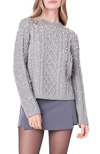 English Factory Imitation Pearl Cable Jumper In Heather Grey