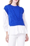 English Factory Mixed Media Cable Stitch Sweater In Cobalt Blue/white