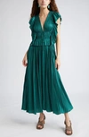 Ulla Johnson Letty Ruffle Detail Pleated Satin Dress In Green