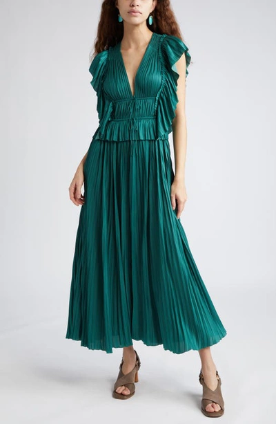 Ulla Johnson Letty Ruffle Detail Pleated Satin Dress In Green