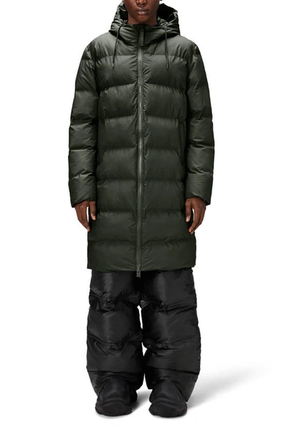 Rains Alta Waterproof Long Hooded Puffer Coat In Green