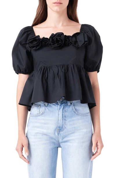 English Factory Corsage Detail Cotton Poplin Top In Black