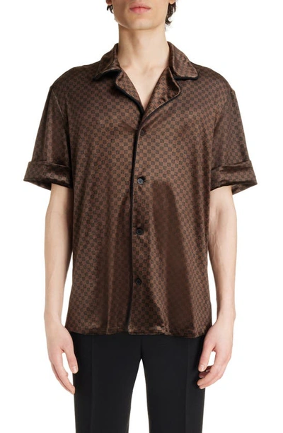 Balmain Mini Monogram Short Sleeve Velvet Button-up Shirt In Wfp Brown/ Multi