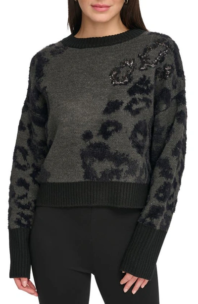 Dkny Animal Jacquard Sequin Long Sleeve Jumper In Granite Heather,black
