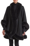 Sofia Cashmere Faux Fur Trim Cashmere Cape In Black