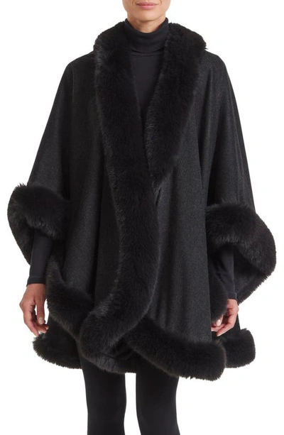 Sofia Cashmere Faux Fur Trim Cashmere Cape In Black