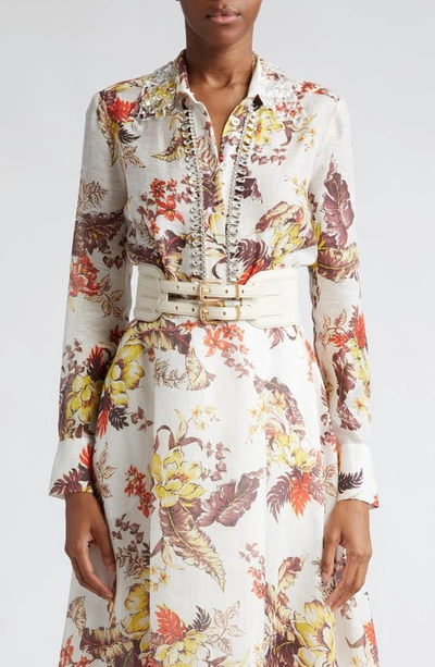 Zimmermann Matchmaker Tropical Linen & Silk Shirt In Ivory Tropical Floral