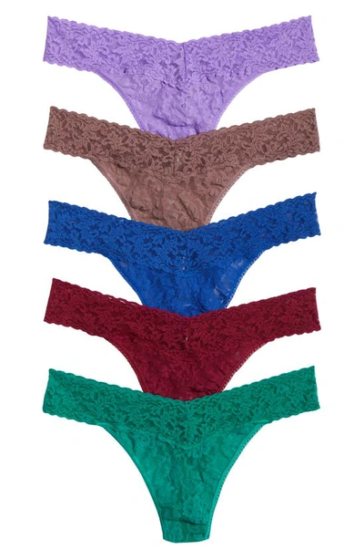 Hanky Panky Assorted 5-pack Lace Original Rise Thongs In Arhp/ Elec/ Dark P/ Mala/ Atlb