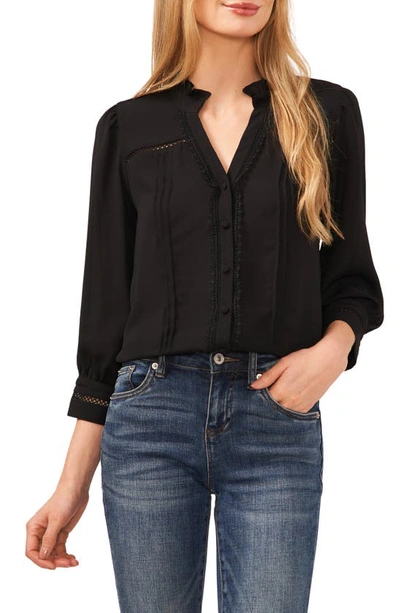 Cece Pintuck Ruffle Button-up Top In Rich Black