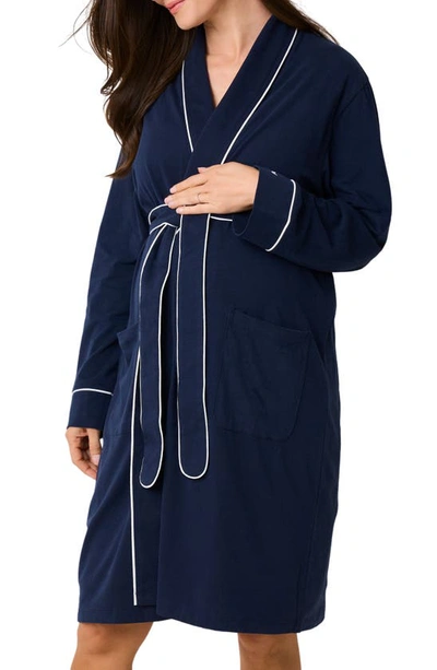 Petite Plume The Hospital Stay Luxe Maternity/nursing Robe, Nightgown, Baby Blanket & Baby Hat Set In Navy