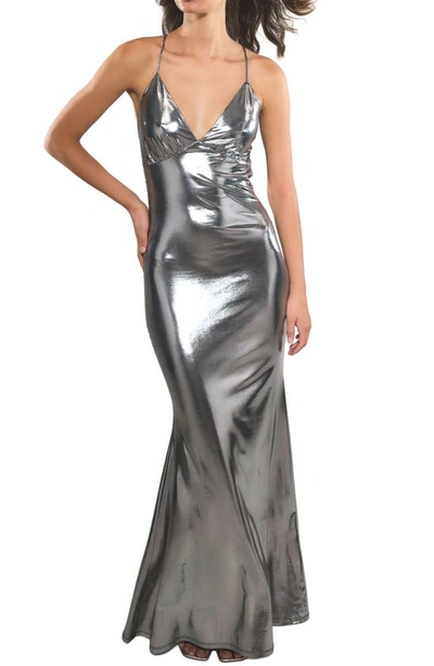 Rare London Metallic Mermaid Gown In Silver