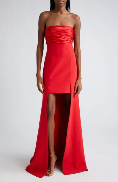 Cinq À Sept Lorella Gathered Strapless High-low Gown In Scarlet