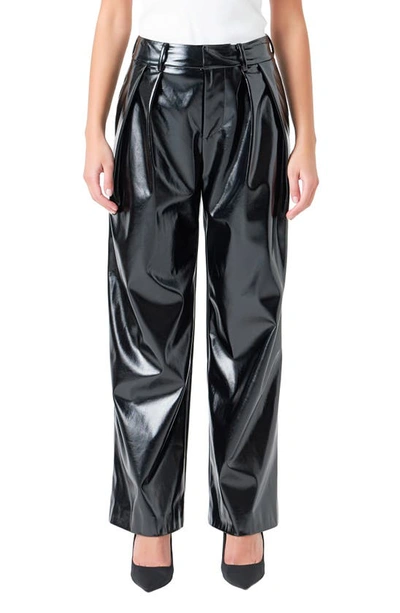 Grey Lab Pleat Faux Patent Leather Pants In Black