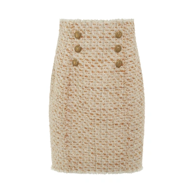 Balmain High Waisted 6 Button Tweed Short Skirt In Neutral