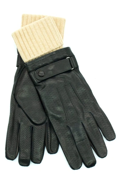 Portolano Knit Cuff Leather Gloves In Black/ Light Camel