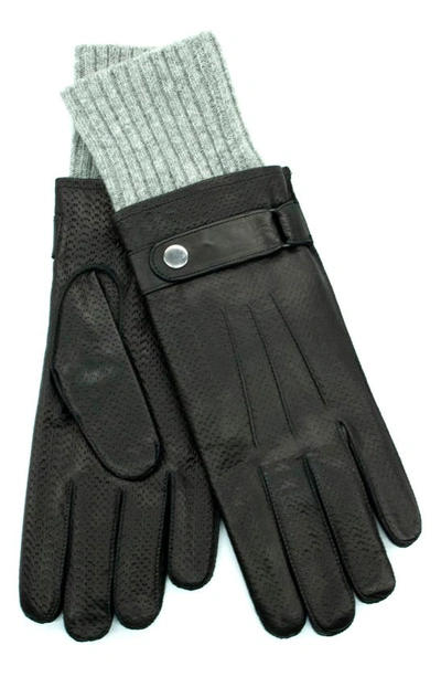 Portolano Knit Cuff Leather Gloves In Black/ Light Grey