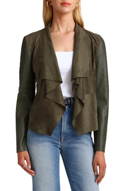 Bagatelle Faux Suede & Faux Leather Open Front Crop Jacket In Bayleaf