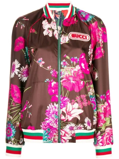 Gucci Reversible Floral-print Silk-twill Bomber Jacket In Brown