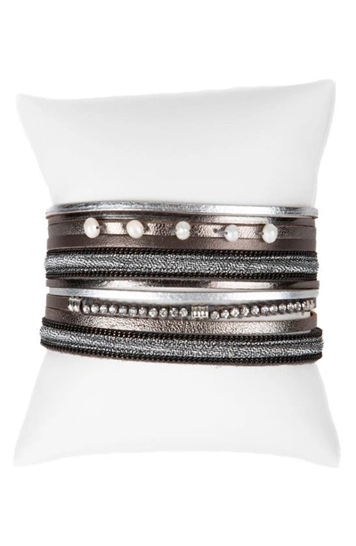 Saachi Crystal & Imitation Pearl Leather Bracelet In Gray
