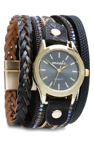 Saachi Faux Leather Strap Bracelet Watch In Black