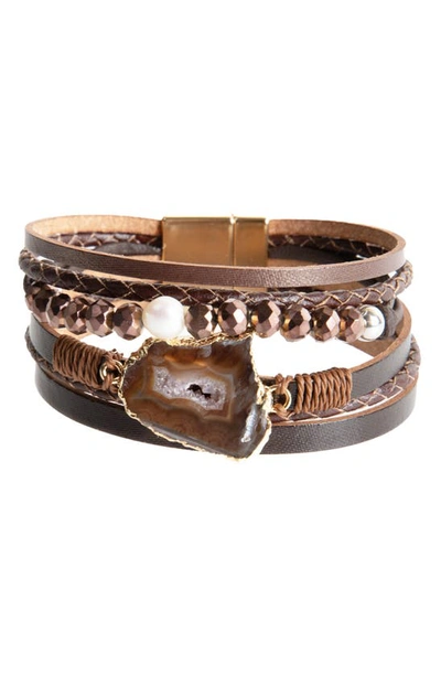Saachi Agate & Freshwater Pearl Faux Leather Bracelet In Brown