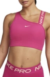 Nike Dri-fit Swoosh Asymmetric Sports Bra In Fireberry/ Ice Peach