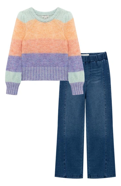 Habitual Kids' Bisho Stripe Sweater & Wide Leg Jeans Set In Orange Multi