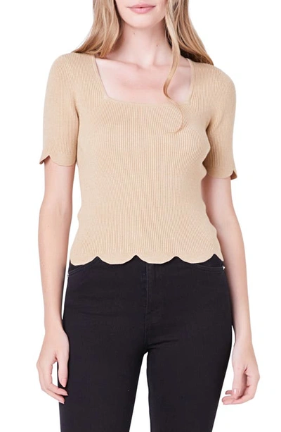 English Factory Scallop Hem Square Neck Rib Jumper In Taupe