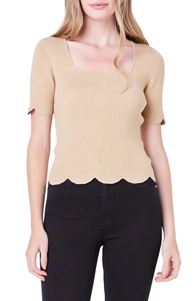 English Factory Scallop Hem Square Neck Rib Sweater In Taupe