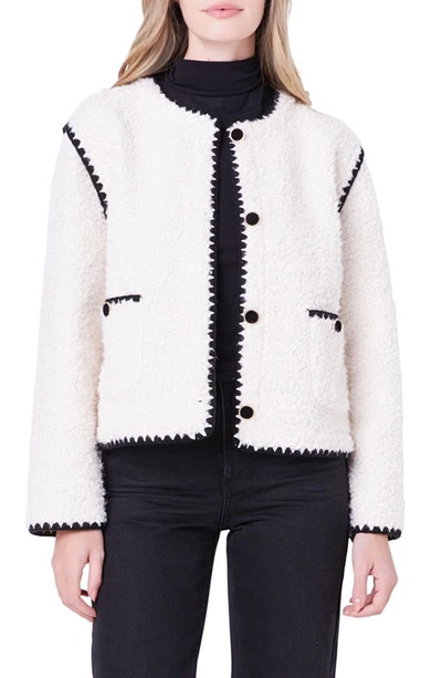 English Factory Premium Contrast Trim Faux Shearling Jacket In Ivory/ Black
