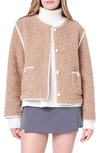 English Factory Premium Contrast Trim Faux Shearling Jacket In Tan/white