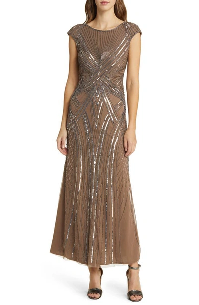 Pisarro Nights Embellished Cap Sleeve Gown In Mocha