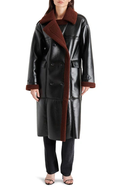 Steve Madden Kinzie Fleece Lapel Double Breasted Faux Leather Coat In Black