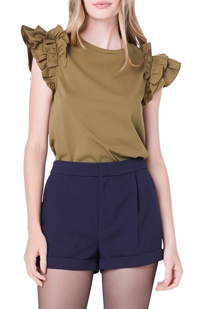 English Factory Ruffle Sleeve Mix Media Cotton Top In Olive